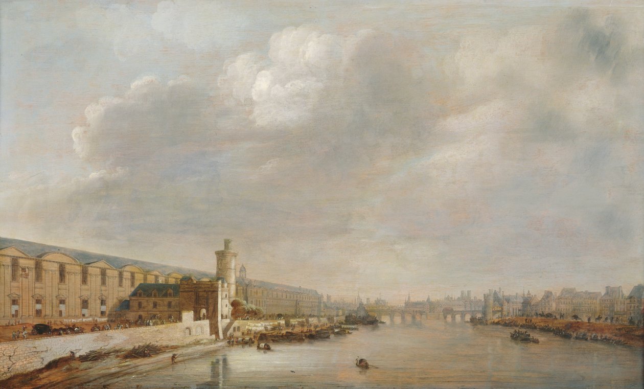 Louvre Grande Galerie, näkymä Pariisiin Barbierin sillalta (ylävirtaan), n. 1640 (öljy puulle) tekijältä Abraham de Verwer