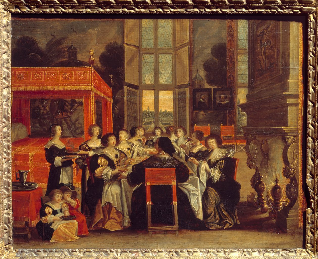 Naisten keskustelu aviomiehensä poissa ollessa: Abraham Bossen (1602-1676) päivällismaalaus 1600-luvun Egouen. Kansallinen renessanssimuseo tekijältä Abraham (after) Bosse