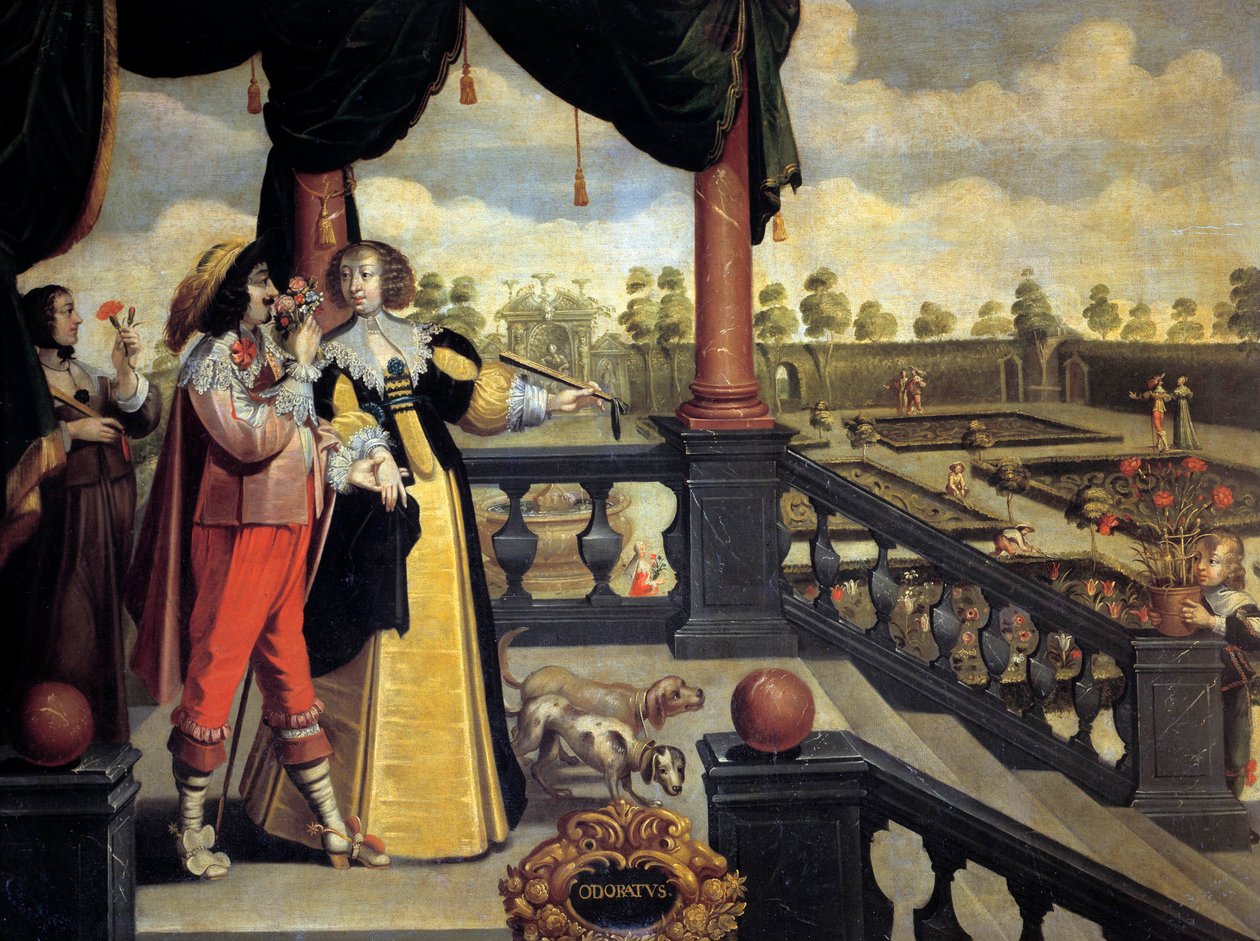 Viisi aistia: Tuoksu Pari aatelista puutarhan edessä, mies haisee kukkakimpun. Abraham Bossen (1602-1674) maalaus 1600-luvulta. Retket, Kuvataidemuseo tekijältä Abraham (after) Bosse