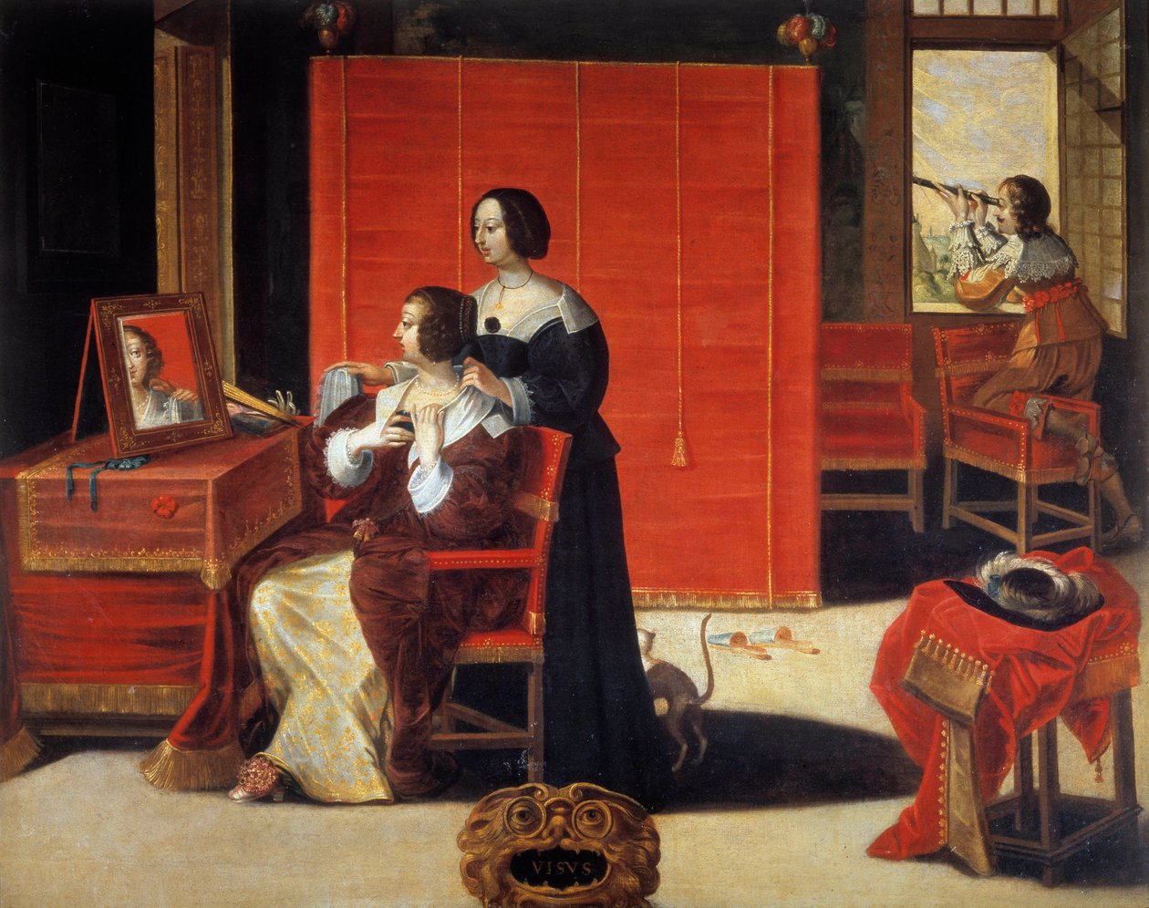 Viisi aistia: Näkymä Nuori nainen peilin edessä, kun mies käyttää tähtitieteellistä kehystä. Abraham Bossen (1602-1676) maalaus. 17. vuosisata. Retket, Kuvataidemuseo tekijältä Abraham (after) Bosse