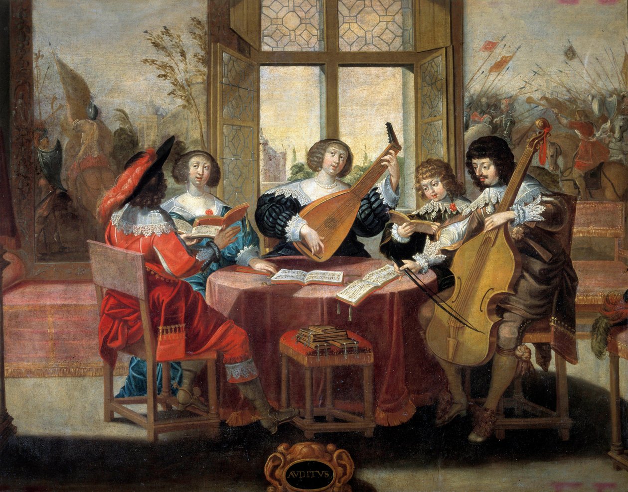 Viisi aistia: kuulo Ryhmä aatelisia ihmisiä, jotka yhdistyivät soittamaan ja laulamaan. Abraham Bossen (1602-1676) maalaus. 17. vuosisata. Retket, Kuvataidemuseo tekijältä Abraham (after) Bosse