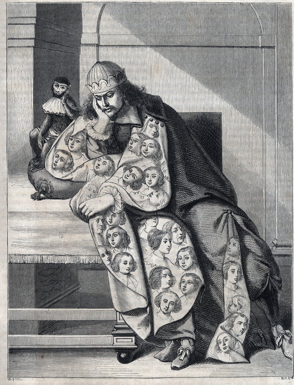 Pahuutta täynnä oleva mies: mies, jolla on kaksinkertainen naisten pää, meditoi apina kyljellään. Jäljennös Abraham Bossen (1604-1676) vedosta. tekijältä Abraham (after) Bosse