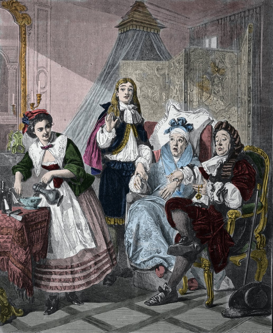 Jean-Baptiste Poquelinin "Le Malade imaginaire" nimeltä Moliere (1622-1673): kohtaus 9, näytös II. Kaiverrus Abraham Solomonin (1824-1862) vuoden 1861 maalauksen jälkeen. tekijältä Abraham (after) Solomon