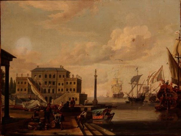 Välimeren sataman capriccio kauppiaiden ja merenkulun kanssa ankkurissa tekijältä Abraham (follower of) Storck