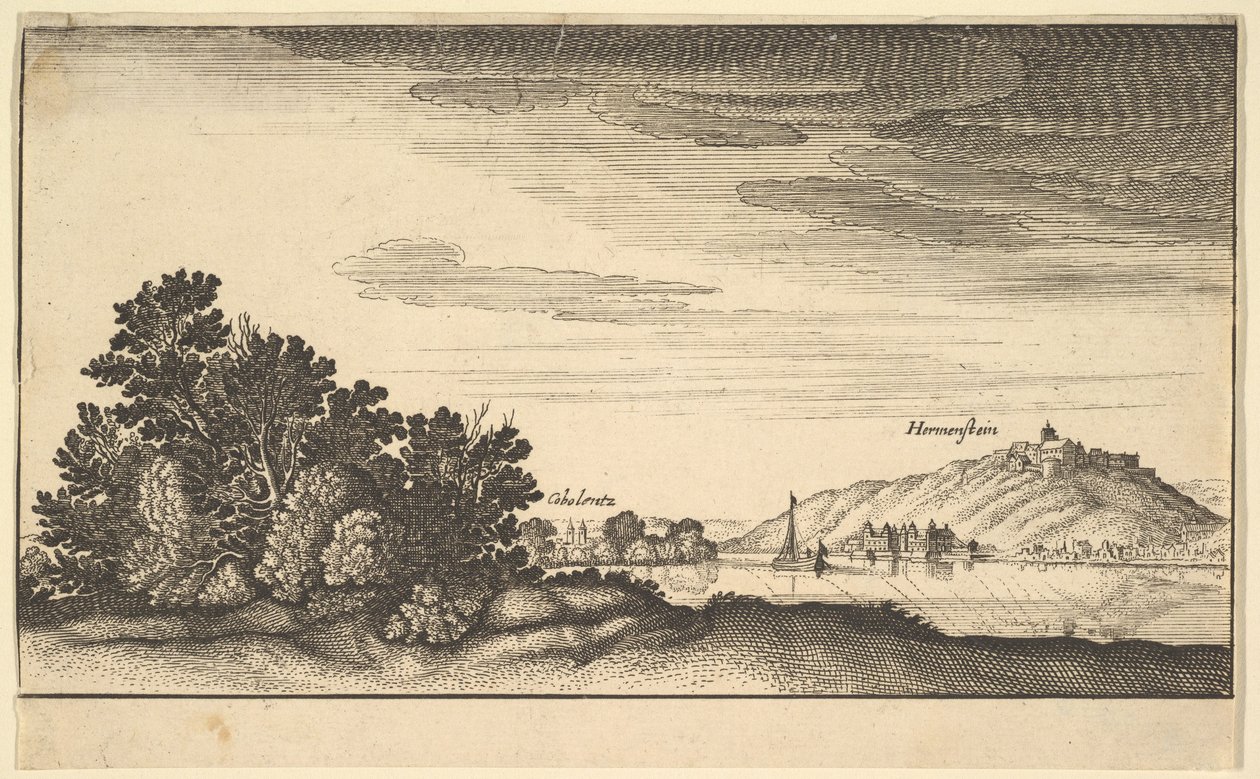 Maisema Coblentz ja Harmenstein, kopio, 1600-luku. tekijältä Abraham Aubri