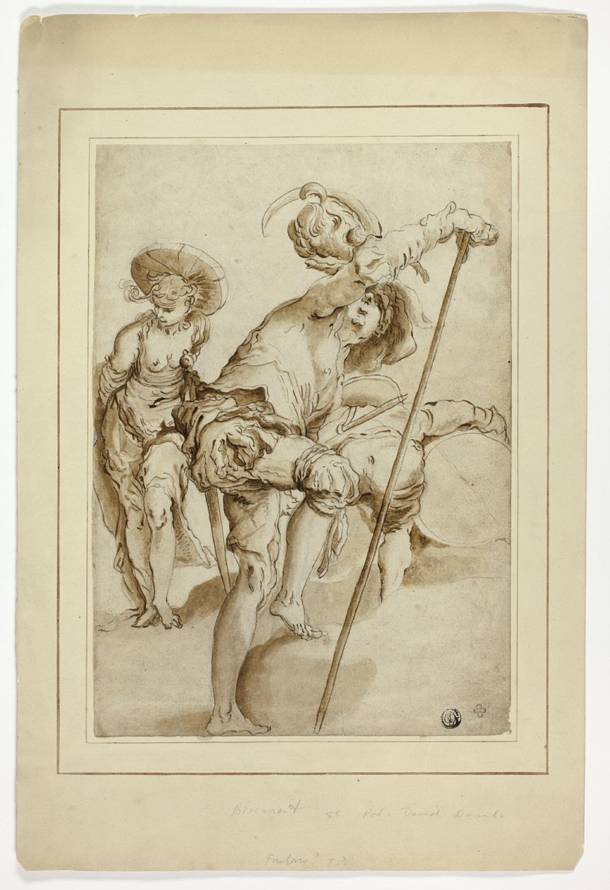 Seisova sotilas, seisova nainen ja kumartuva rumpali. tekijältä Abraham Bloemaert