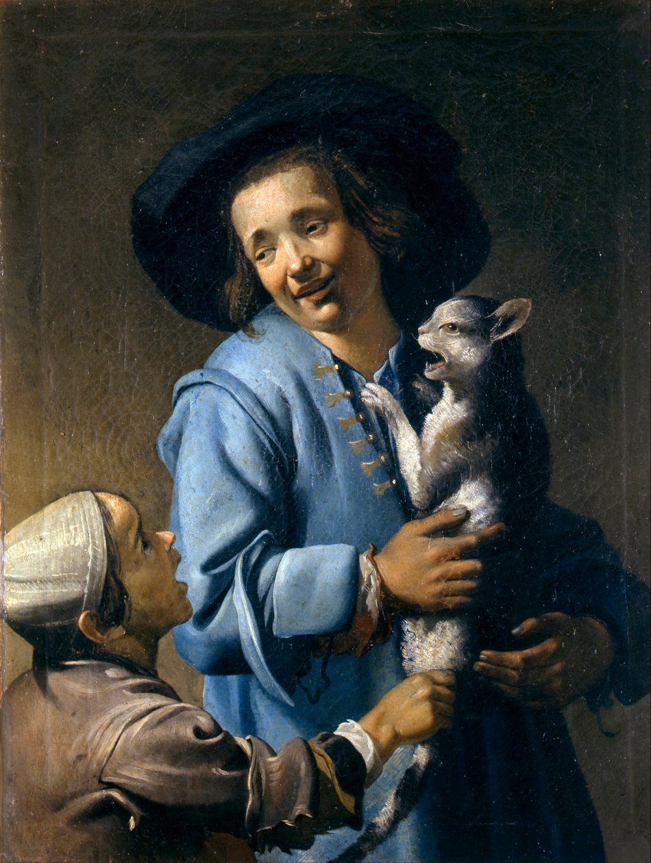 "Nuoret leikkivät kissan kanssa" (Nuoret leikkivät kissan kanssa) Abraham Bloemaertin (1566-1651) maalaus - 1620-1625 - Öljy kankaalle Koko 89x70 cm Museo Civico, Montepulciano tekijältä Abraham Bloemaert