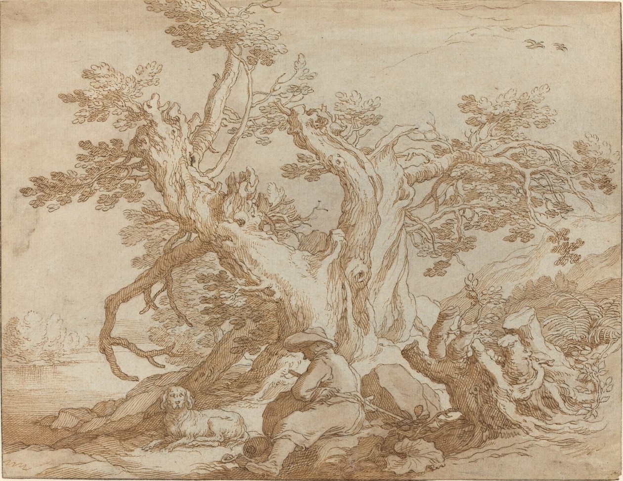 Maisema istuva hahmo ja koira tekijältä Abraham Bloemaert