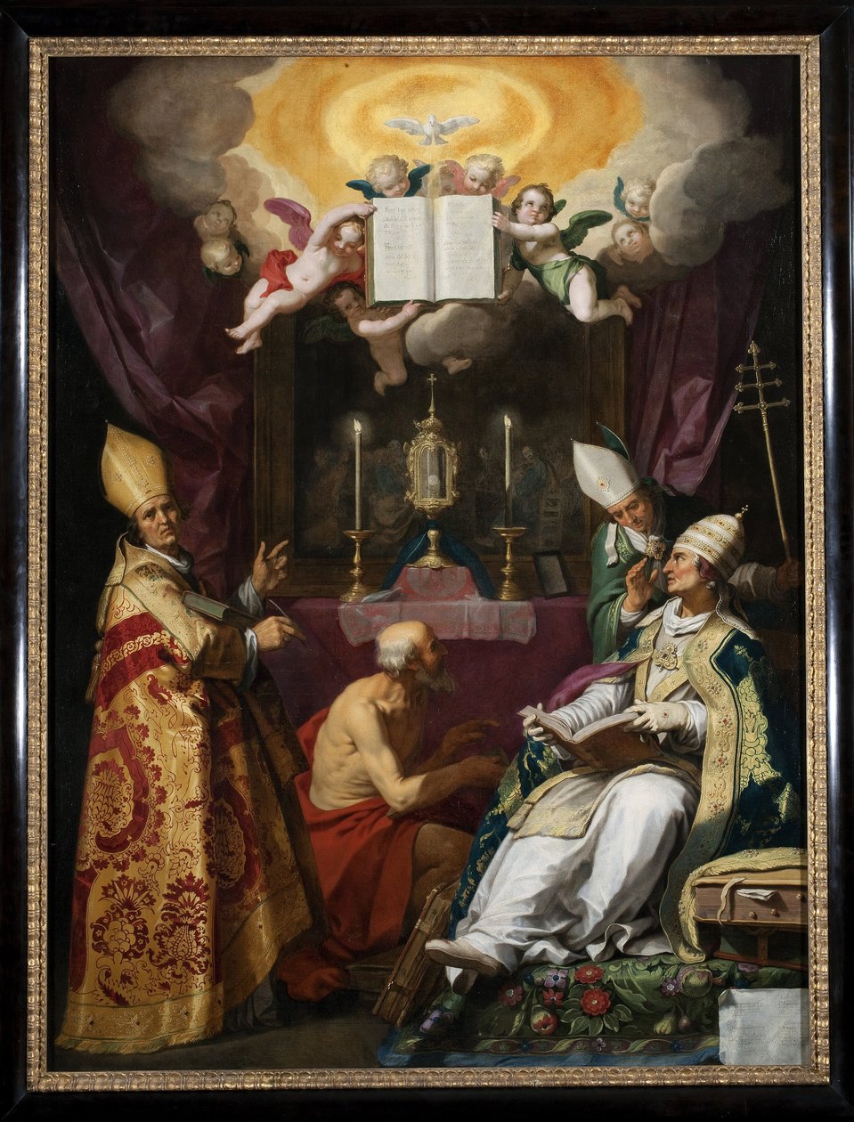 ""kirkon neljä isää"" Pyhän Ambroseuksen Milanolaisen, Pyhän Augustinuksen Hippolaisen, Pyhän Gregoriuksen ja Pyhän Hieromuksen esitys - Abraham Bloemaertin (1566-1651) maalaus tekijältä Abraham Bloemaert