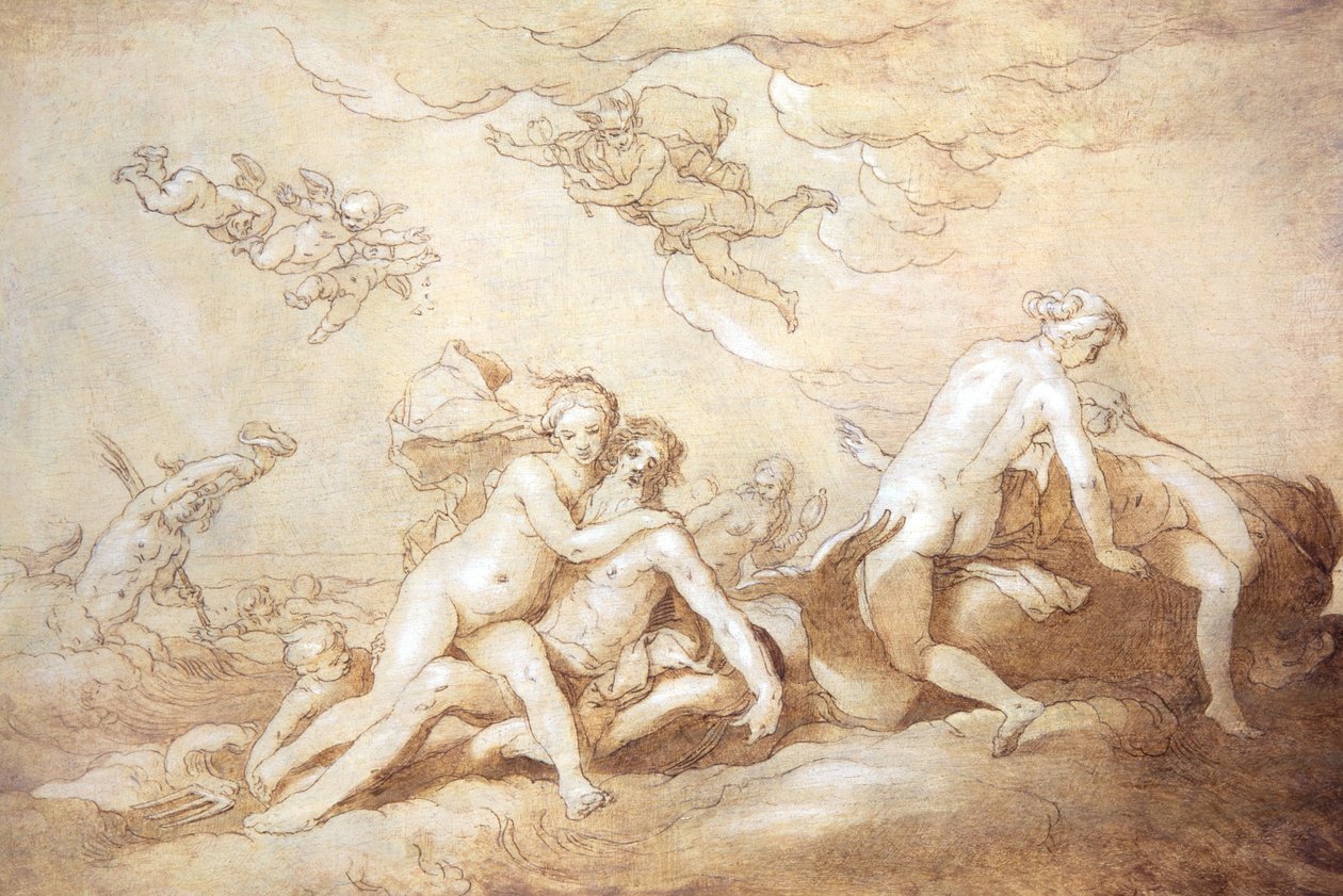 Neptunus ja Amphitrite (kynä ja tussi) tekijältä Abraham Bloemaert