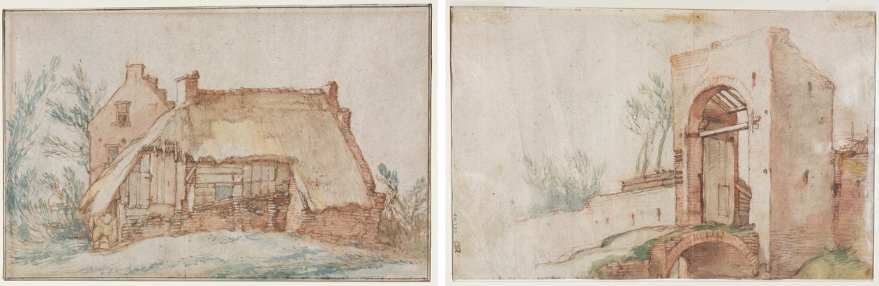 Talonpojan mökki (recto); Silta ja portti (käänteinen) tekijältä Abraham Bloemaert
