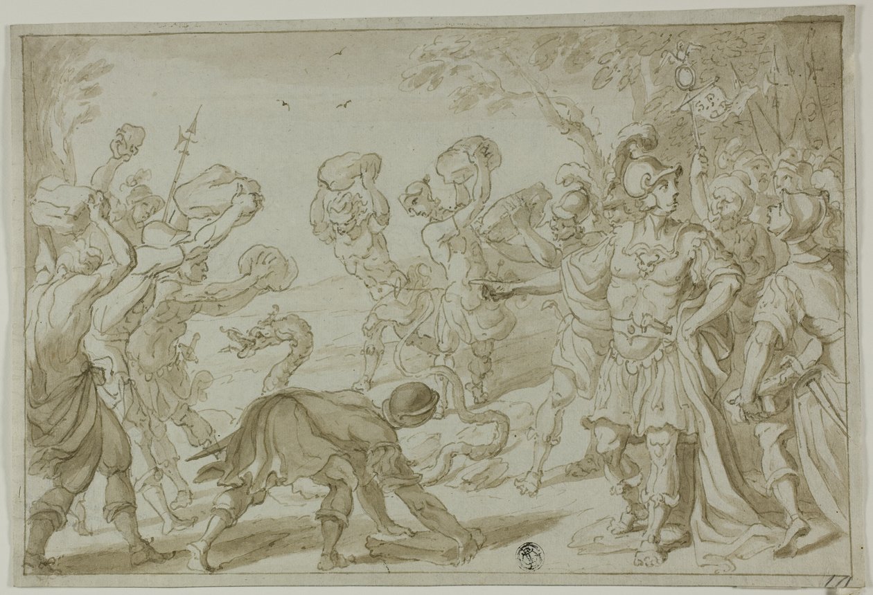 Roomalaiset sotilaat kivittämässä käärmettä tekijältä Abraham Bloemaert