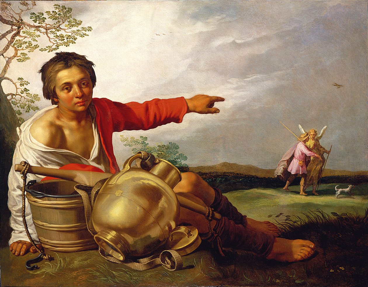 Paimenpoika osoittaa Tobiasta ja enkeliä tekijältä Abraham Bloemaert