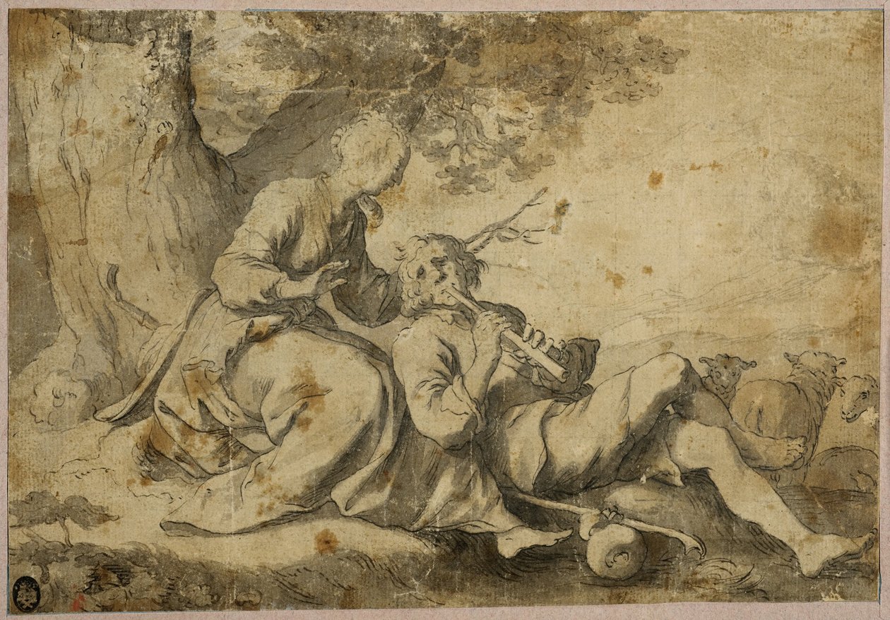 Paimen ja paimentyttö lepäävät vanhan puun alla tekijältä Abraham Bloemaert