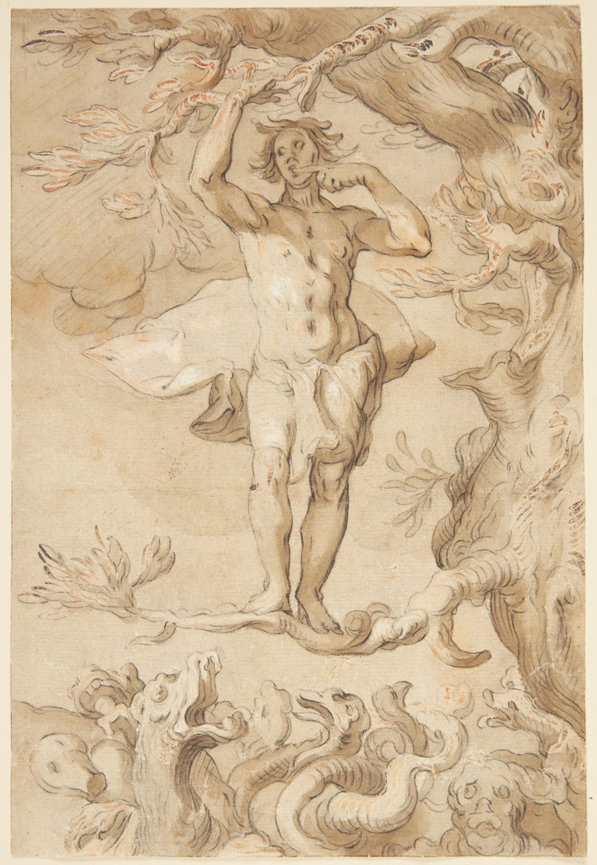 The Frailty of Human Happiness. A Man pursued by a Dragon clings to a Tree, licking Honey from his fingers   1270146   fi       finnish Successfully Translated  Original: Portrait of Rudolf Johannes van den Brink, Oldest Son of Hendrik Arend van den Brink  tekijältä Abraham Bloemaert