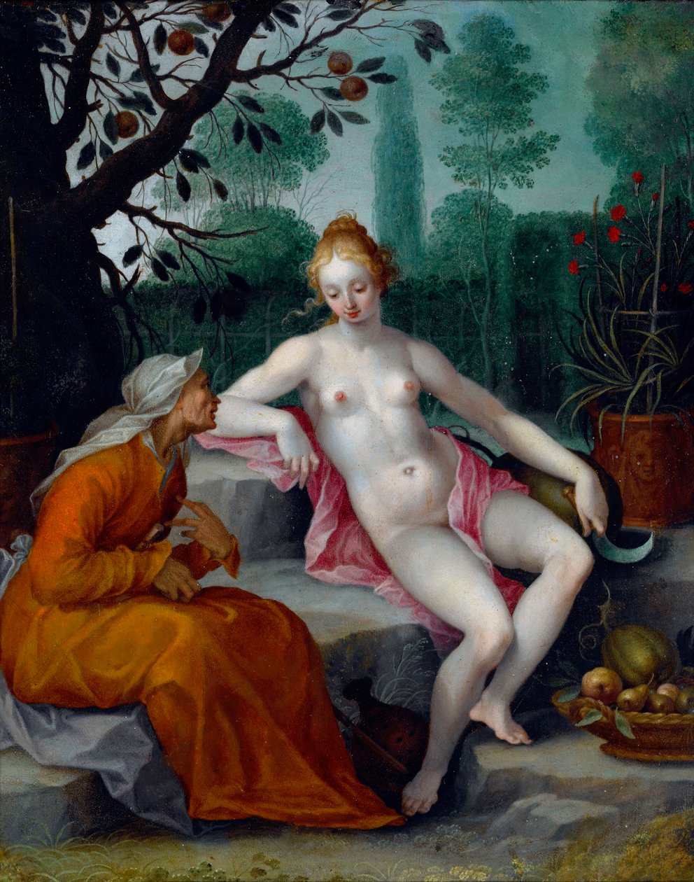 Vertumnus ja Pomona (vuodenaikojen jumala naamioituu vanhaksi naiseksi päästäkseen nymfin hedelmätarhaan) - Abraham Bloemaertin (1566-1651) maalaus, öljy kuparille, noin 1605 - (Vertumnus ja Pomona, Abraham Bloemaert, öljy kuparille, c1605) tekijältä Abraham Bloemaert