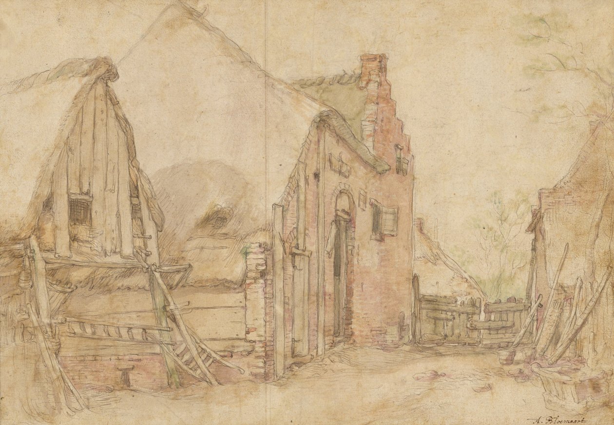 Näkymä maatilan pihalta (etupuoli); puututkielma (kääntöpuoli) tekijältä Abraham Bloemaert