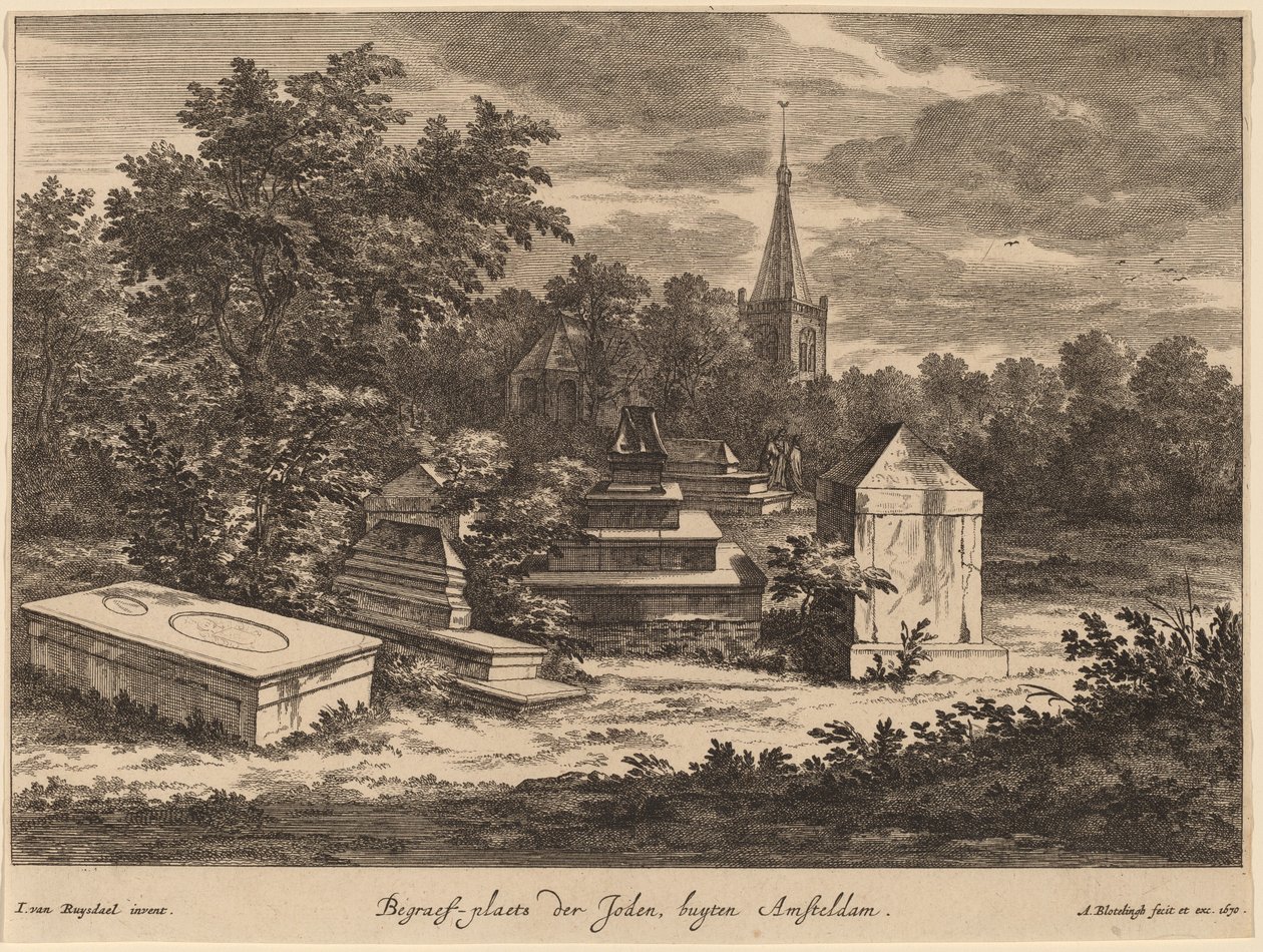 Juutalaisten hautauspaikka, buyten Amsteldam (juutalainen hautausmaa Amsterdamin ulkopuolella) tekijältä Abraham Blooteling after Jacob van Ruisdael