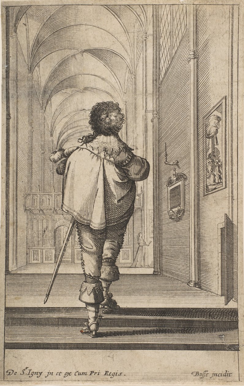 Mies takaa nähtynä kävelemässä kirkkoon, n. 1629. tekijältä Abraham Bosse