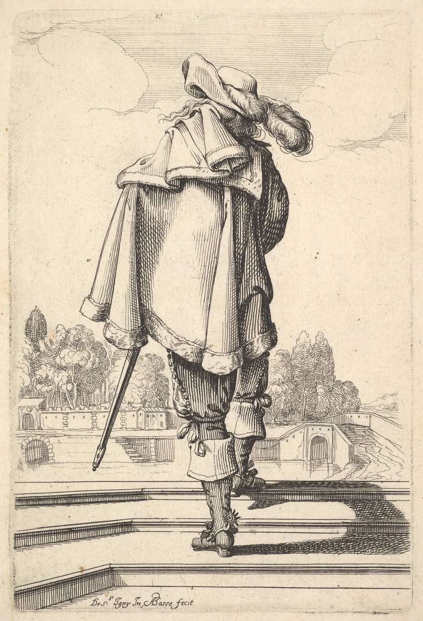 Herrasmies, takaa katsottuna, kävelee kaiteita ylös, viitta vasemmalla olkapäällään..., 1629. tekijältä Abraham Bosse