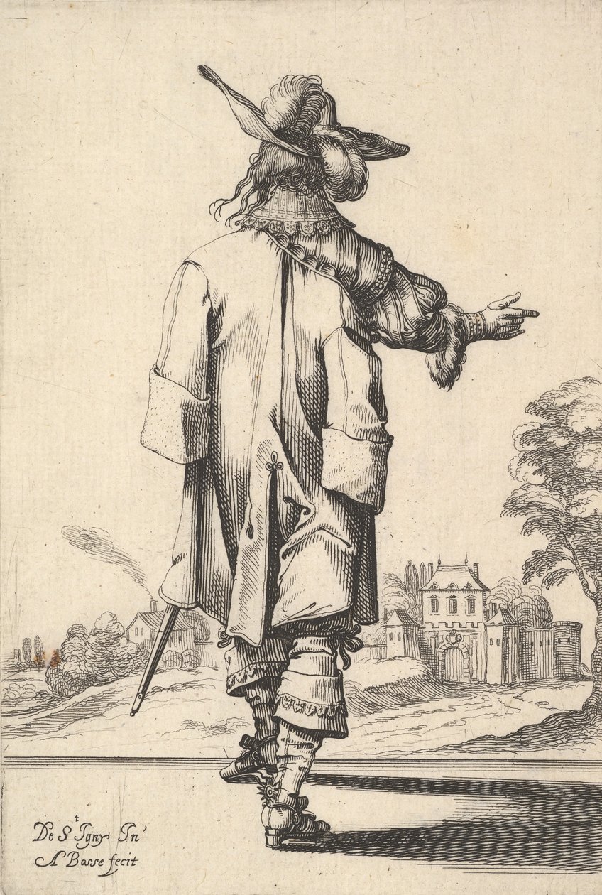 Mies takaa katsottuna, oikea käsi ojennettuna ja viitta vasemman s..., 1629. tekijältä Abraham Bosse