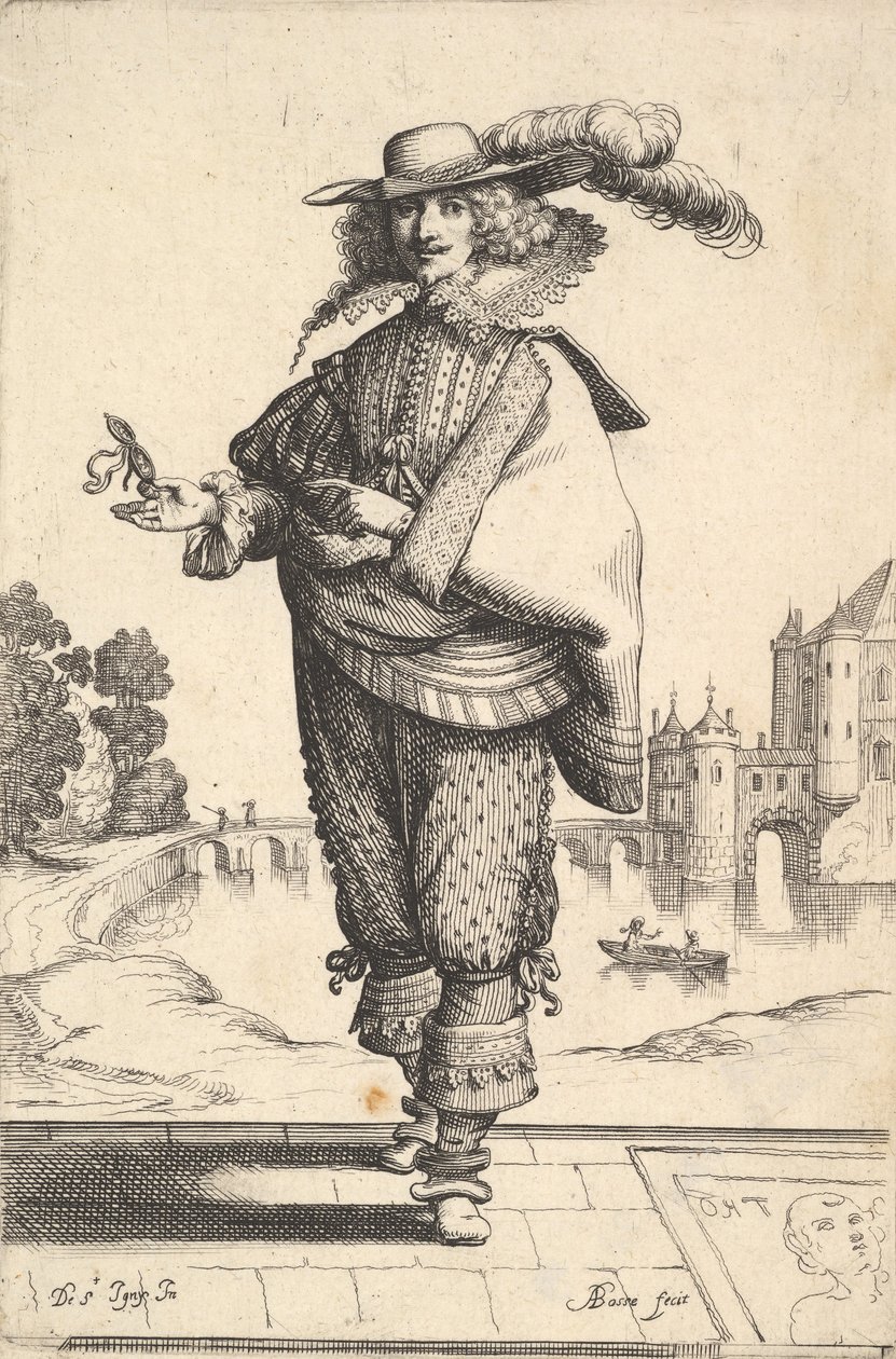 Suuren linnan edessä seisova herrasmies, jolla on pitkähihainen hattu ja pitsikaulus..., 1629. tekijältä Abraham Bosse