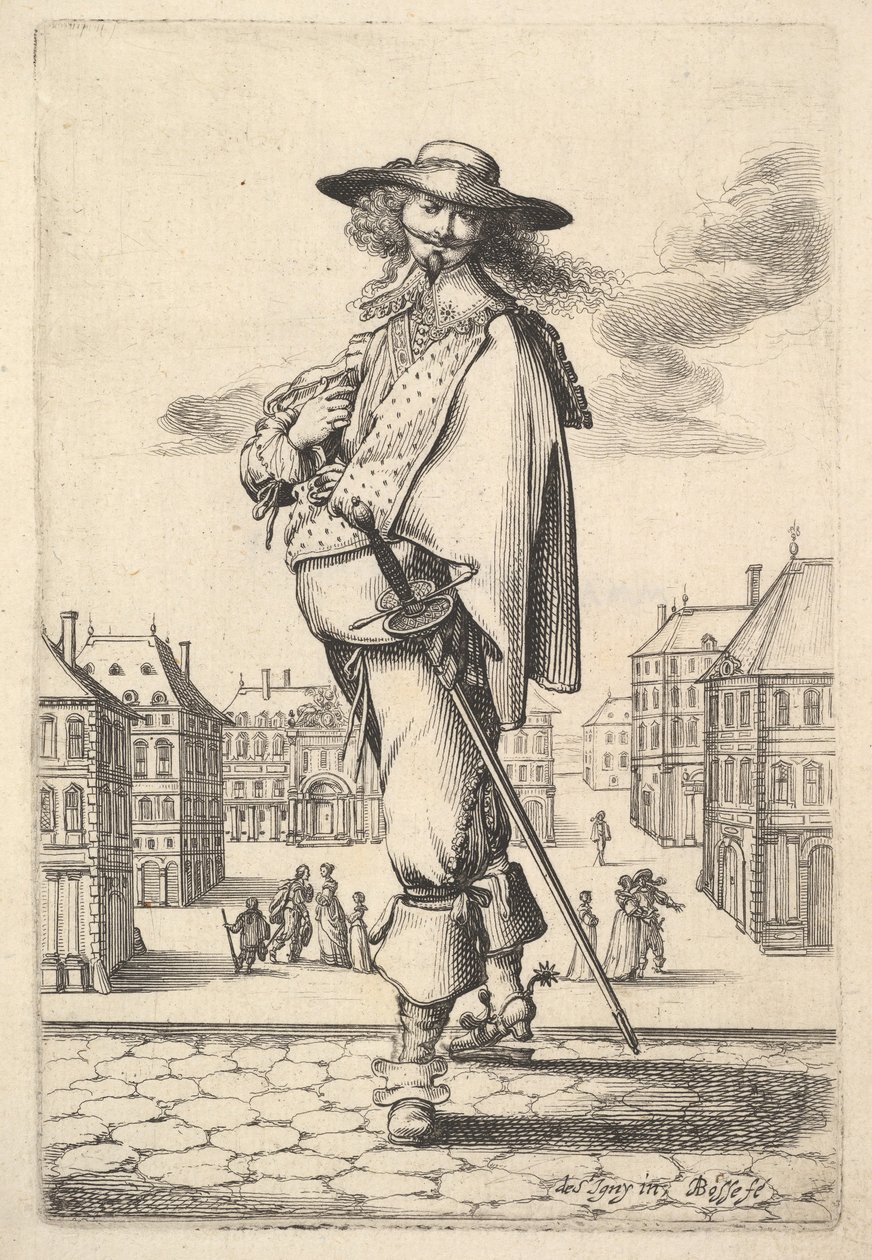 Kolme neljäsosaa vasemmalle kääntynyt herrasmies, päällään hattu ja kannustetut saappaat, kanto..., 1629. tekijältä Abraham Bosse