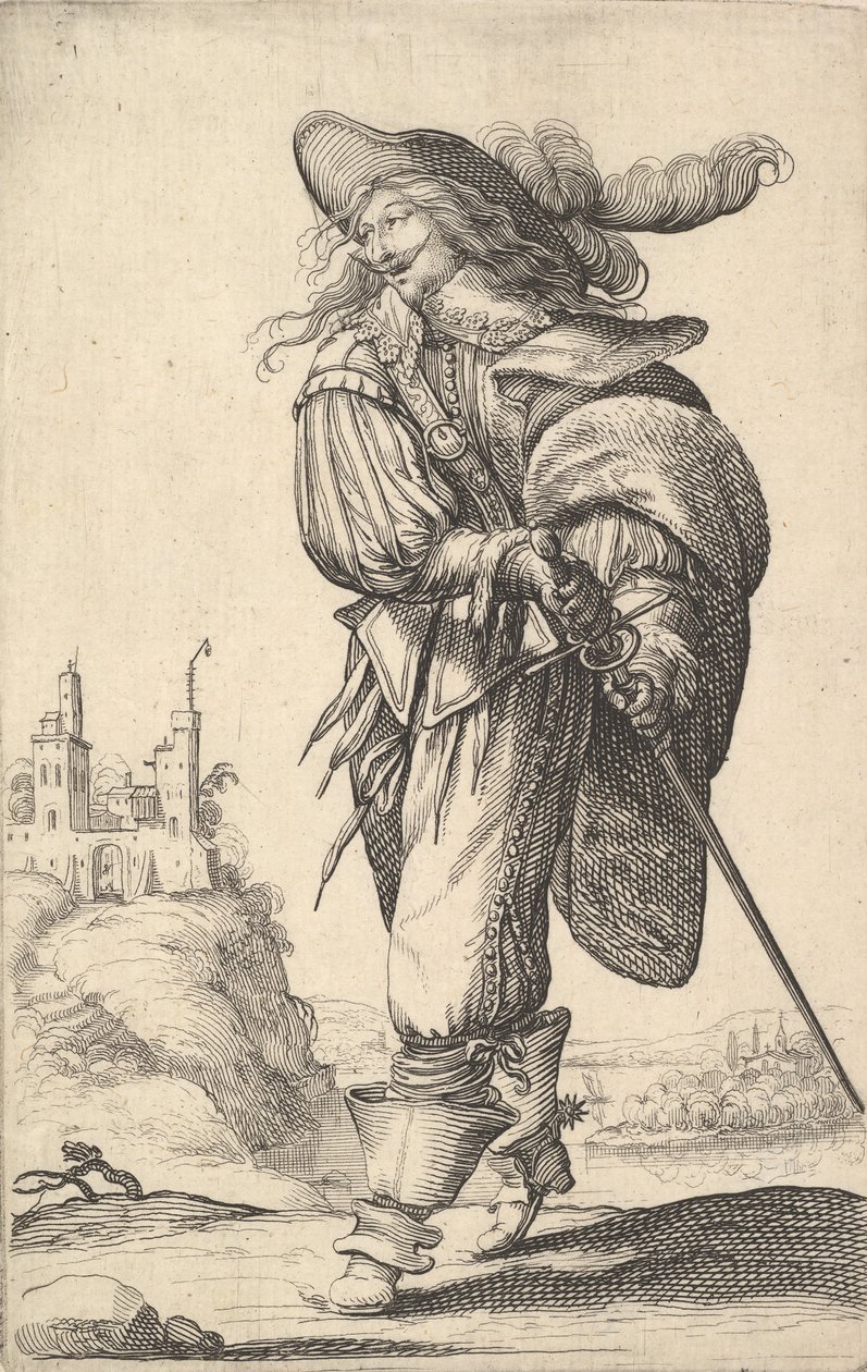 Herrasmies, joka kävelee vasemmalle ja vetää miekkansa tupesta, puku päällä..., 1629. tekijältä Abraham Bosse