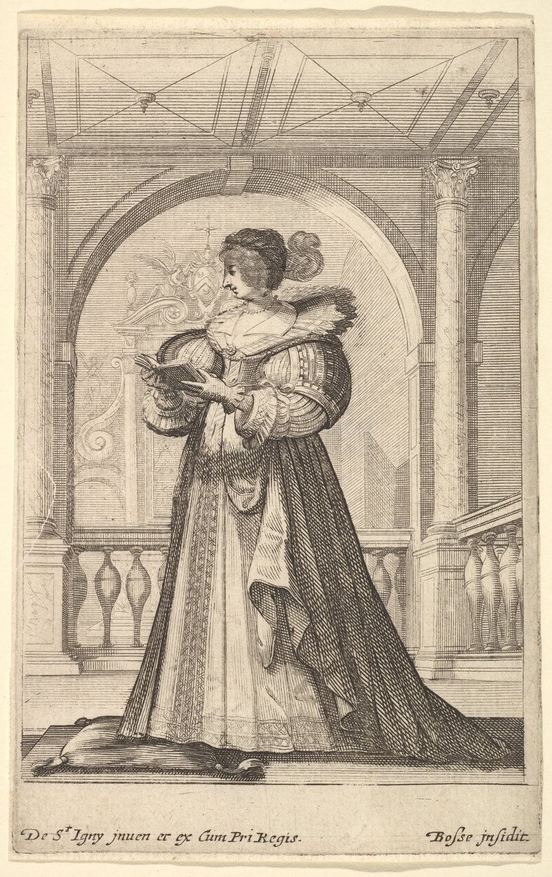 Nainen seisomassa, kasvot vasemmalle, päällään hattu ja pitsikaulus, lukee..., n. 1629. tekijältä Abraham Bosse