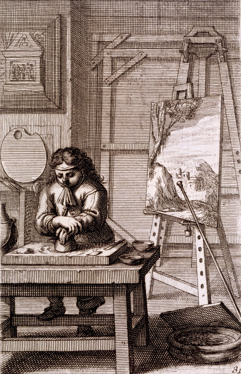 Taiteilijan oppipoika puhdistamassa kaiverruslevyä, "Recueil de Figures...", 1737 tekijältä Abraham Bosse