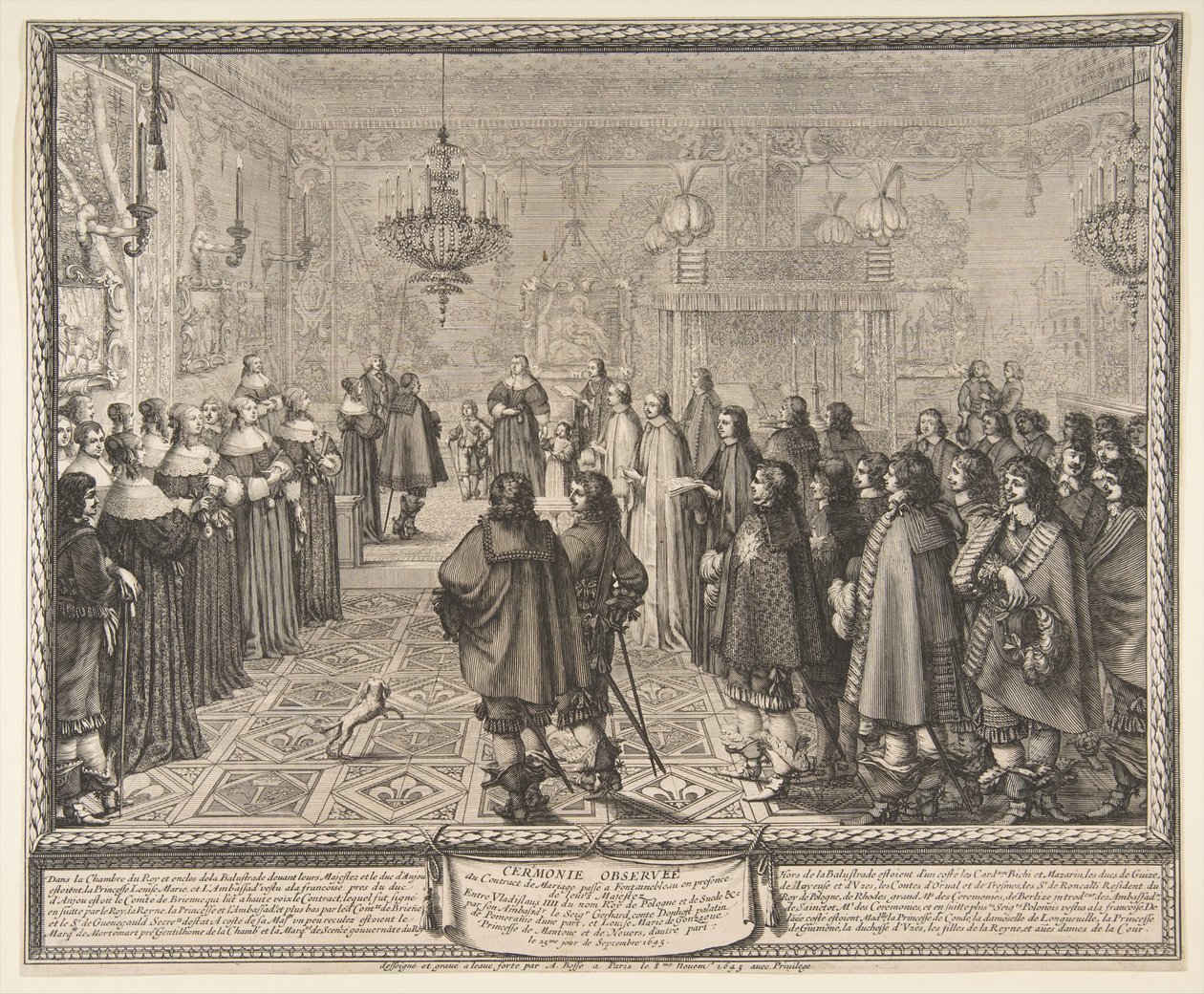 Puolan kuninkaan Władysław IV:n ja Mantovan prinsessan Marie Louise Gonzagan avioliittosopimuksen allekirjoitustilaisuus Fontainebleaussa tekijältä Abraham Bosse