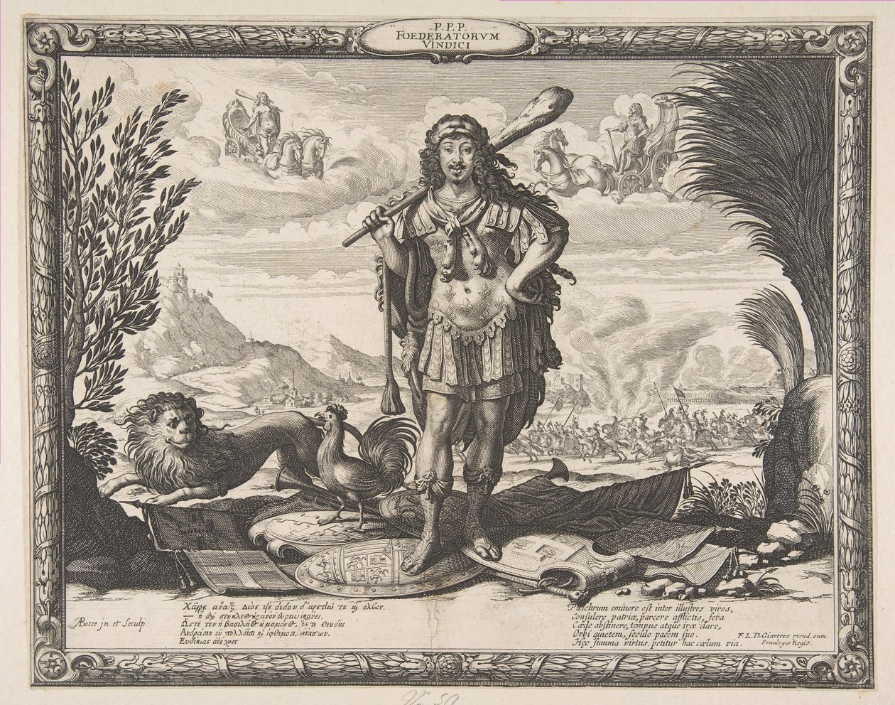 Ludvig XIII:n sodanjulistus Espanjalle: Kuningas Herkuleena, n. 1635. tekijältä Abraham Bosse