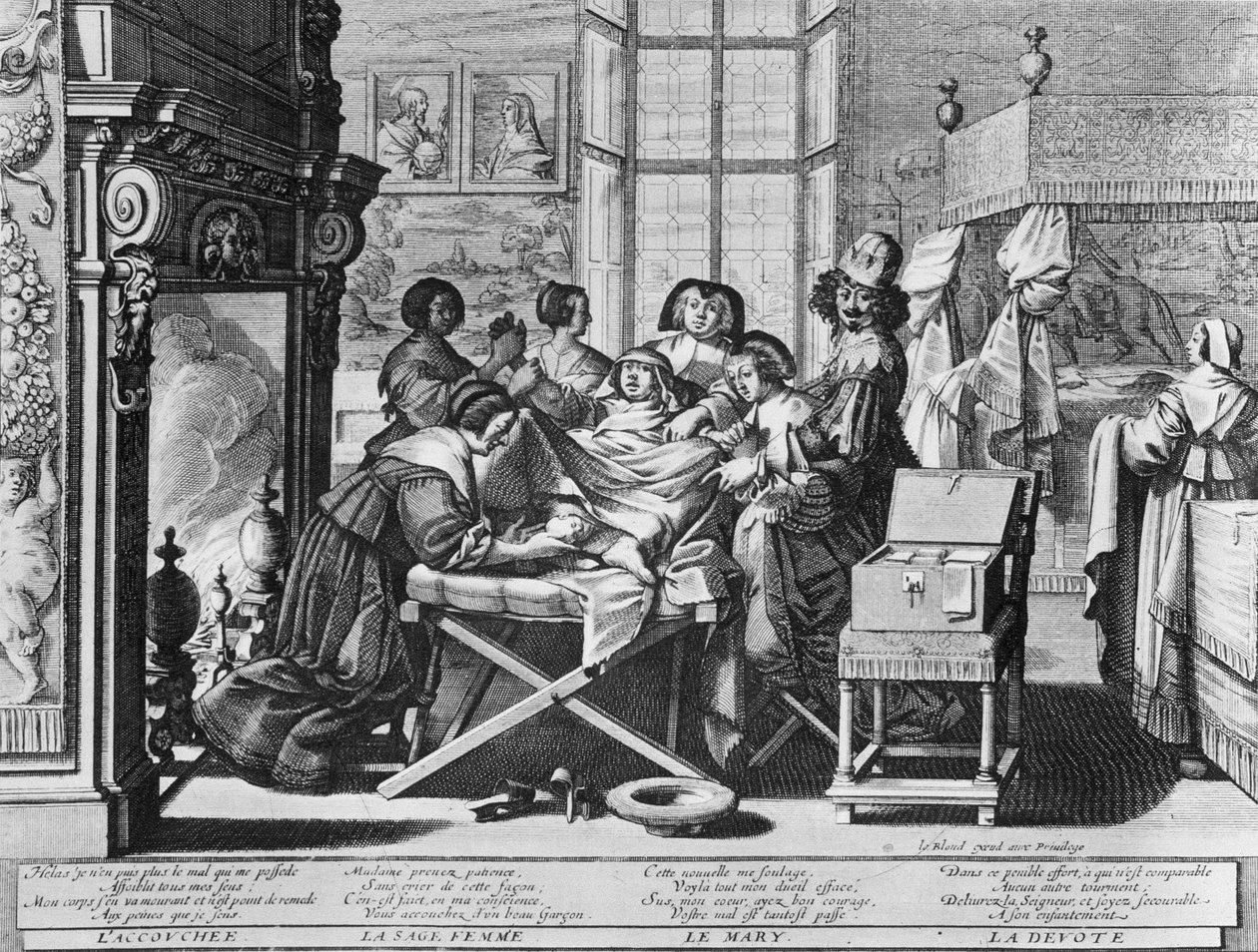 Kaiverrussarja (water forte) otsikolla "" Avioliitto kaupungin kanssa""" vuodelta 1633, kirjoittanut Abraham Bosse - "" Synnytys"": työsängyllä. tekijältä Abraham Bosse