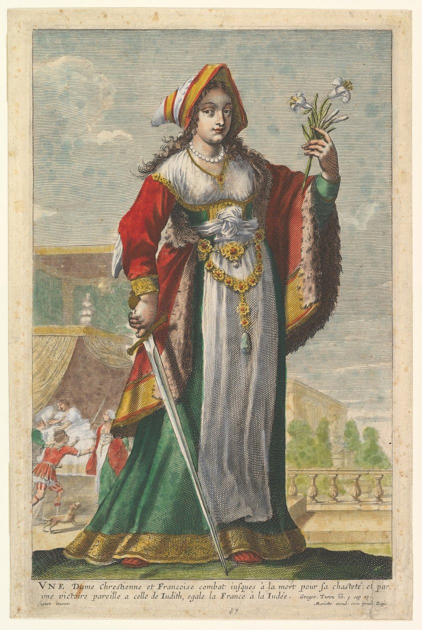 Ranskalainen Judith, kuvitus Pierre Le Moynesista Vahvojen naisten galleria, 1647. tekijältä Abraham Bosse