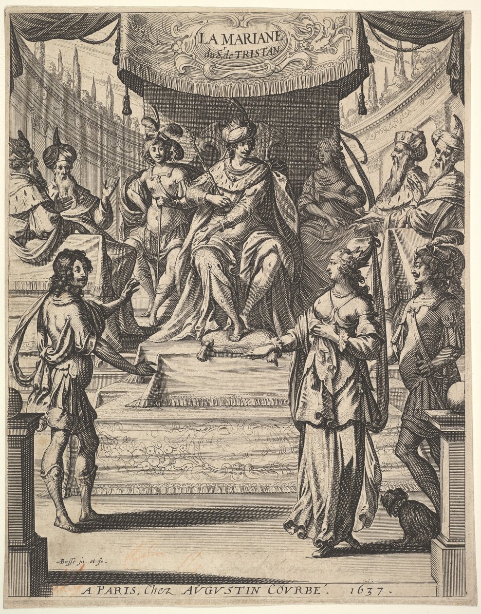 Tristan LHermiten etukappale: Marianne seisoo oikealla Herodeksen ja hänen valtakuntansa edessä, 1637. tekijältä Abraham Bosse