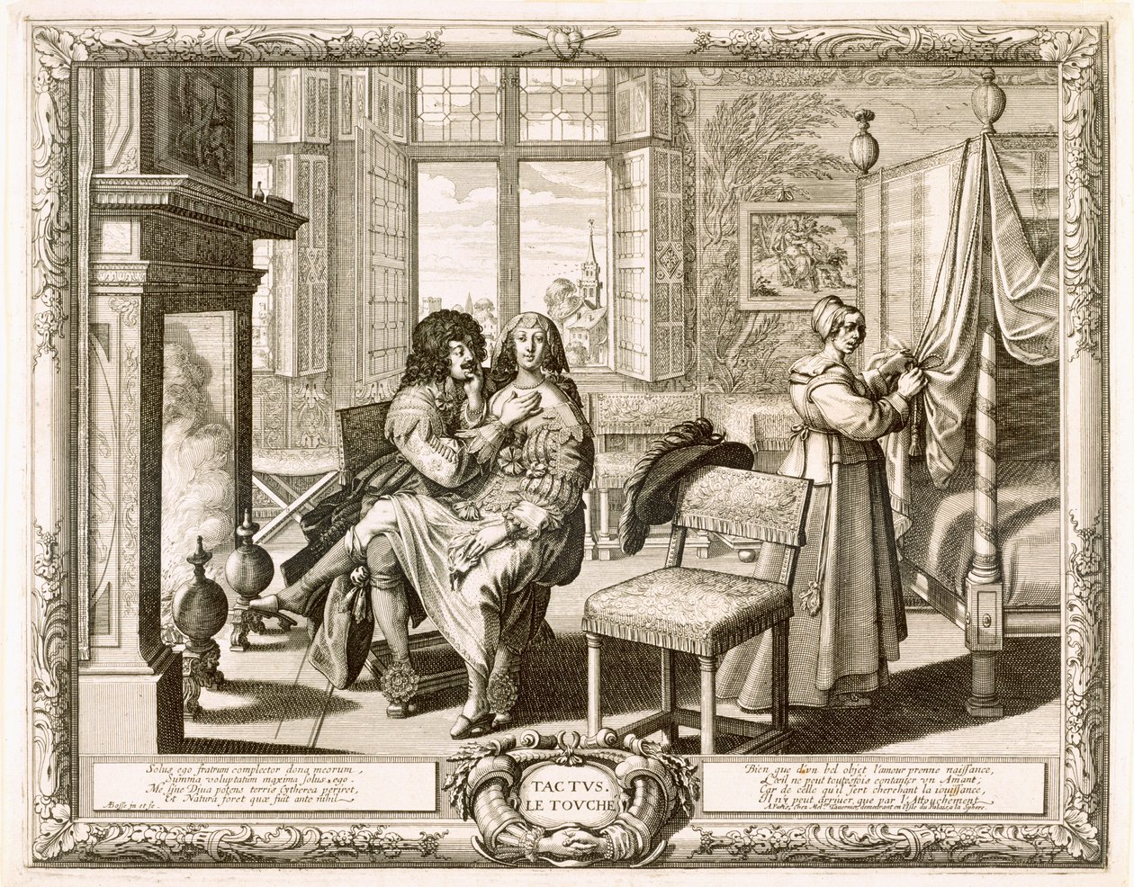 Aviomies vaimon kanssa polvillaan takan ääressä, Bosse, Abraham (1602-76) tekijältä Abraham Bosse