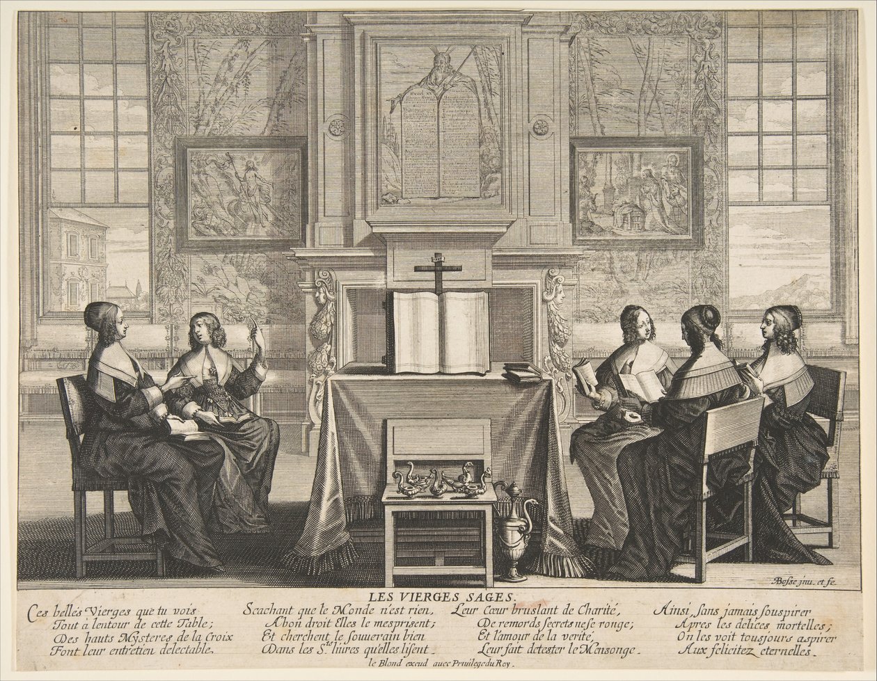 Viisaat neitsyet keskustelevat, n. 1635. tekijältä Abraham Bosse