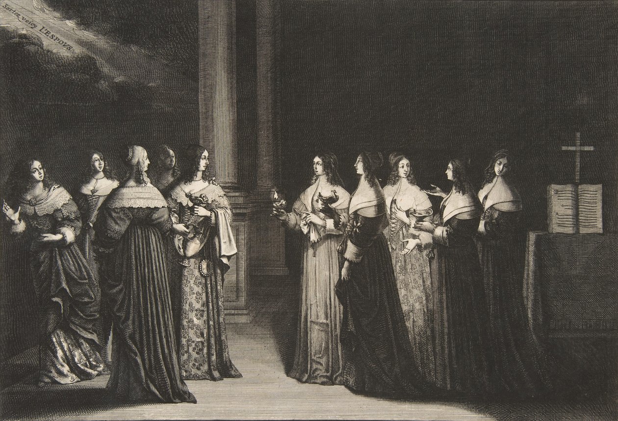 Viisaat neitsyet kieltäytyvät öljystä tyhmille neitsyille, n. 1635. tekijältä Abraham Bosse