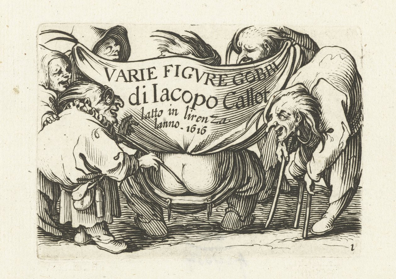Painosarjan "Various dwarfs"/"Varie figure gobbi di Jacopo Callot" nimisivu Varie-figuuri gobbi di Jacopo Callot (sarjan nimi esineessä) Erilaisia ​​groteskeja hahmoja (sarjan nimi) Dwarves and Hunchbacks (sarjan nimi) tekijältä Abraham Bosse