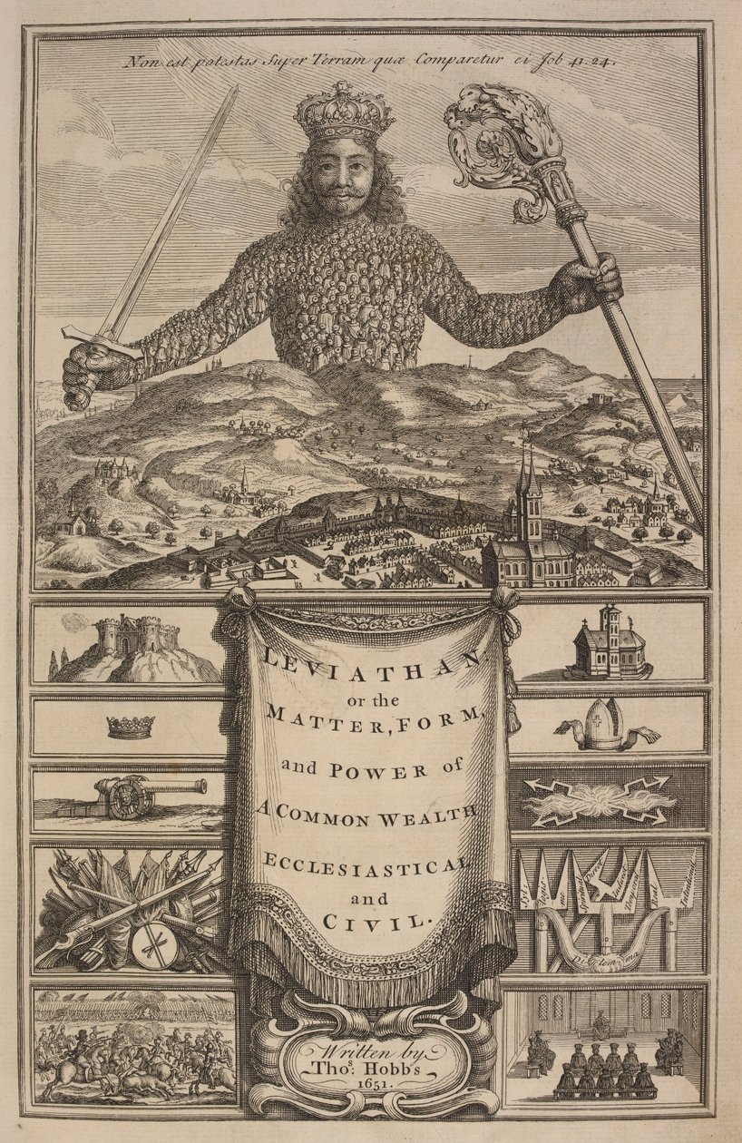 Thomas Hobbesin "Leviathan eli yhteisen rikkauden aine, muoto ja voima kirkollinen ja kansalaisuus" nimisivu tekijältä Abraham Bosse