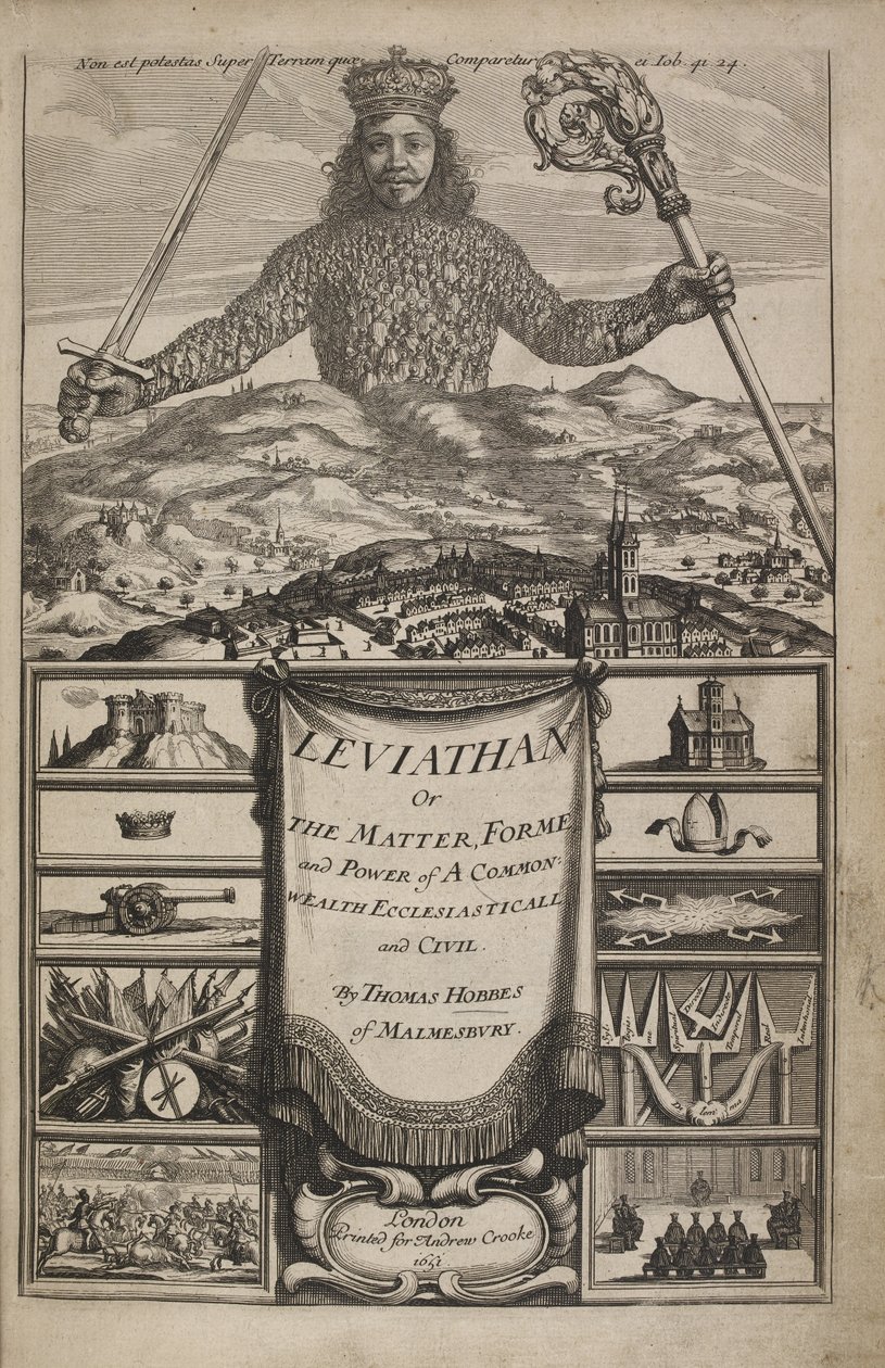 Thomas Hobbesin "Leviathan eli yhteisen rikkauden aine, muoto ja voima kirkollinen ja kansalaisuus" otsikkosivu tekijältä Abraham Bosse