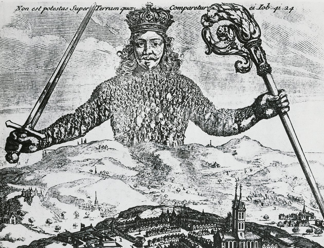 Thomas Hobbesin "Leviathan eli yhteisen rikkauden aine, muoto ja voima kirkollinen ja kansalaisuus" nimisivu tekijältä Abraham Bosse