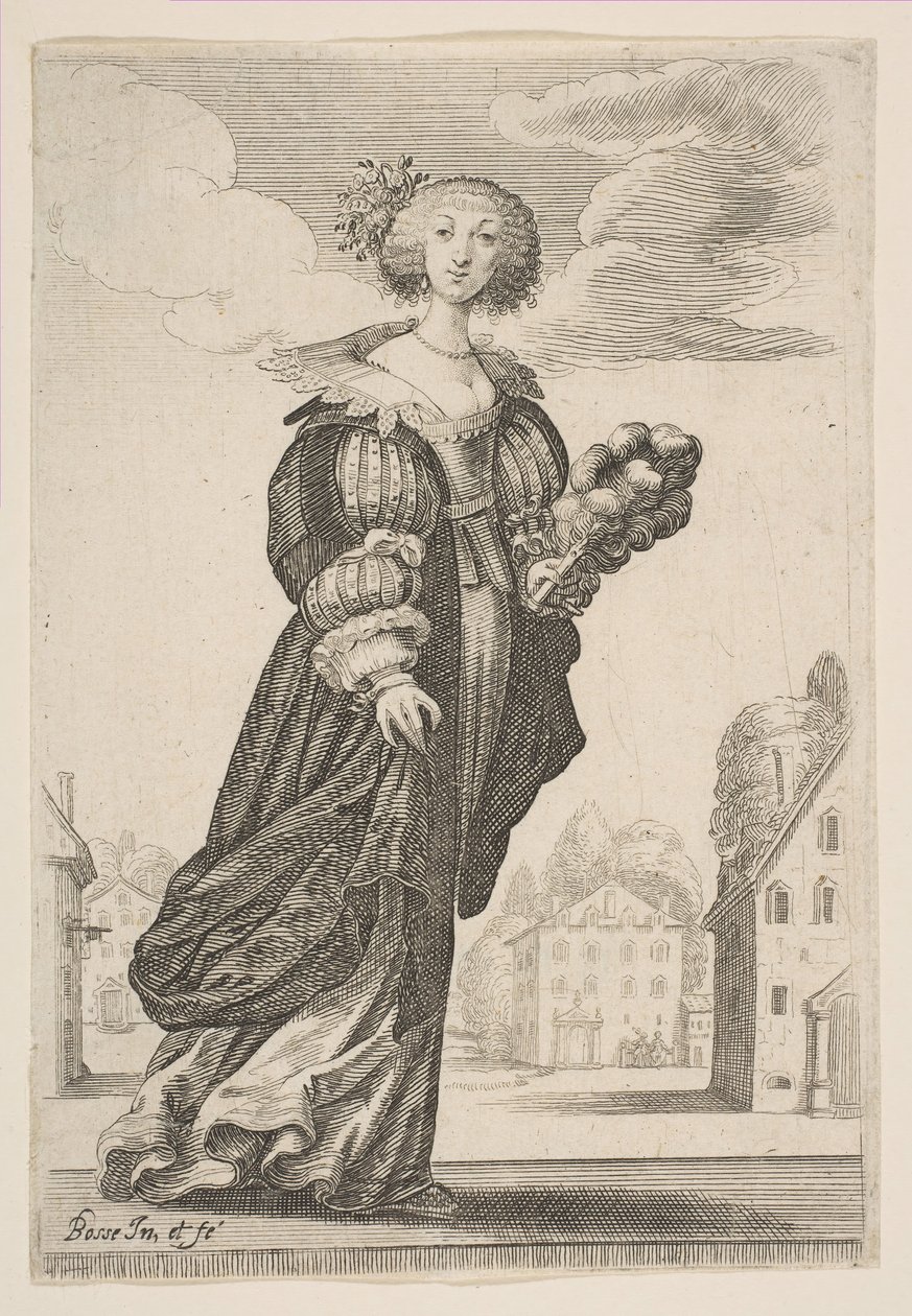 Nainen pitelee tuuletinta, 1629. tekijältä Abraham Bosse