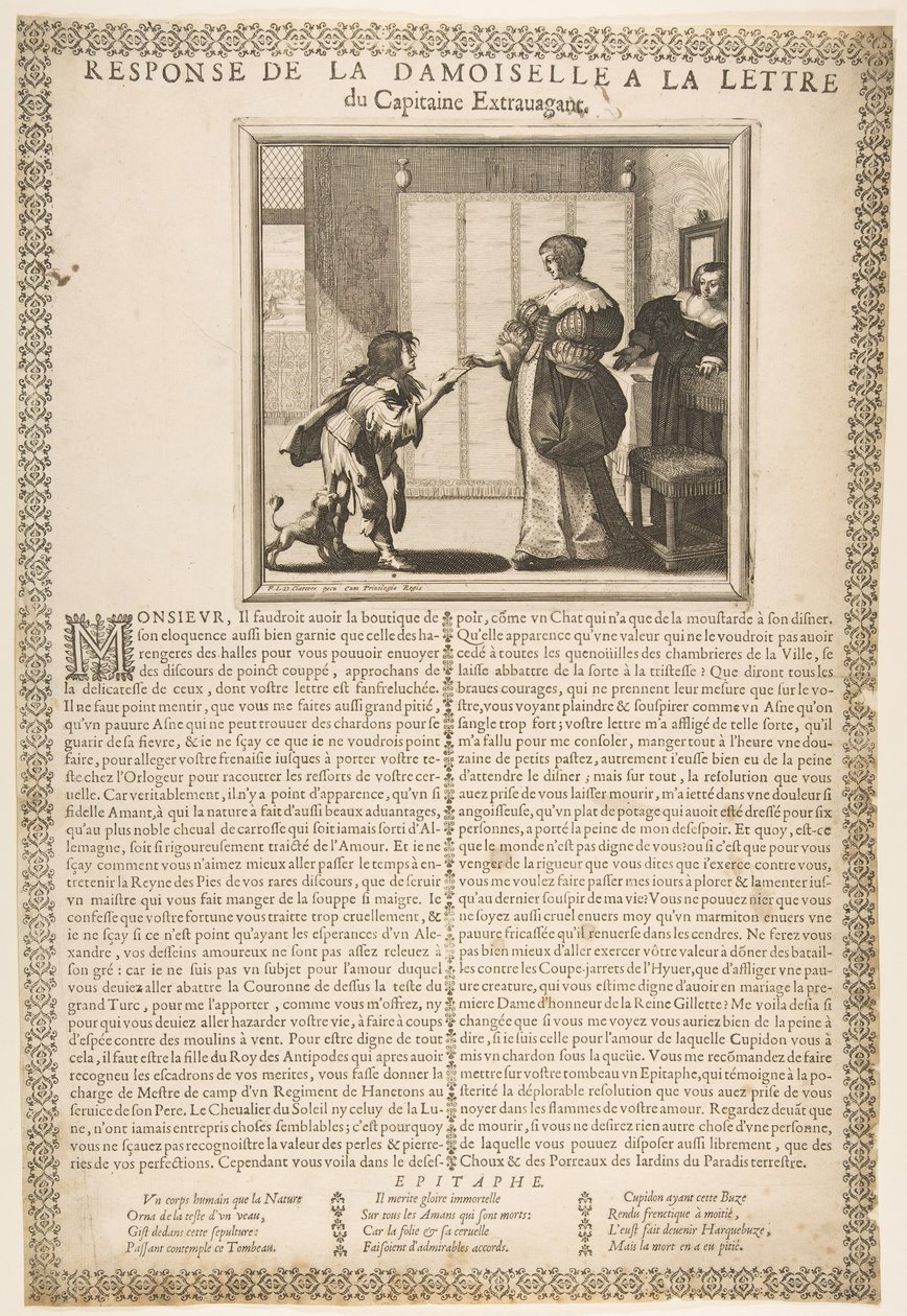Nuoren naisen vastaus kapteenin kirjeeseen, n. 1636. tekijältä Abraham Bosse