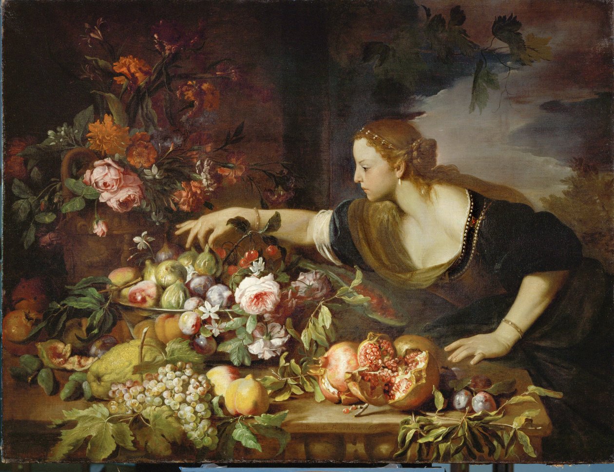Femme prenant des fruits - nainen ottaa hedelmiä ... tekijältä Abraham Brueghel