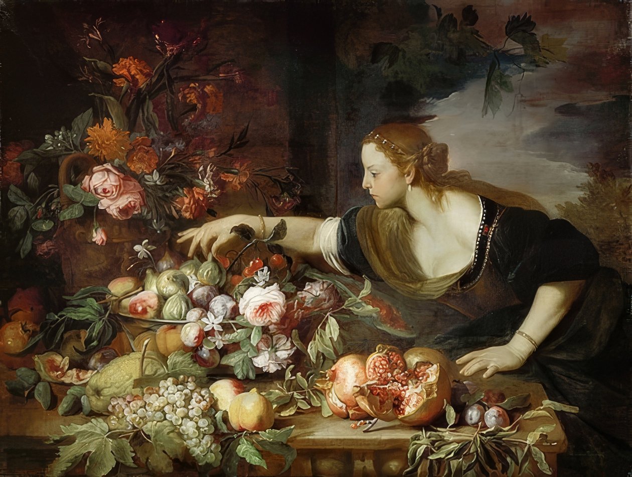 Nainen kukkien ja hedelmien kanssa. 1669 tekijältä Abraham Brueghel