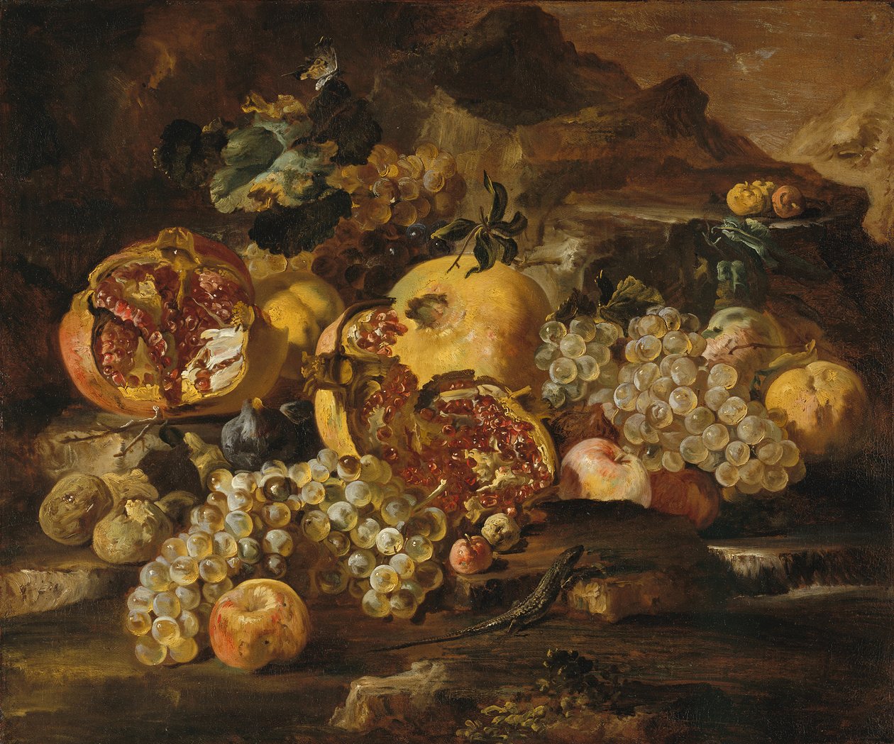 Granaattiomena ja muut hedelmät maisemassa. tekijältä Abraham Brueghel