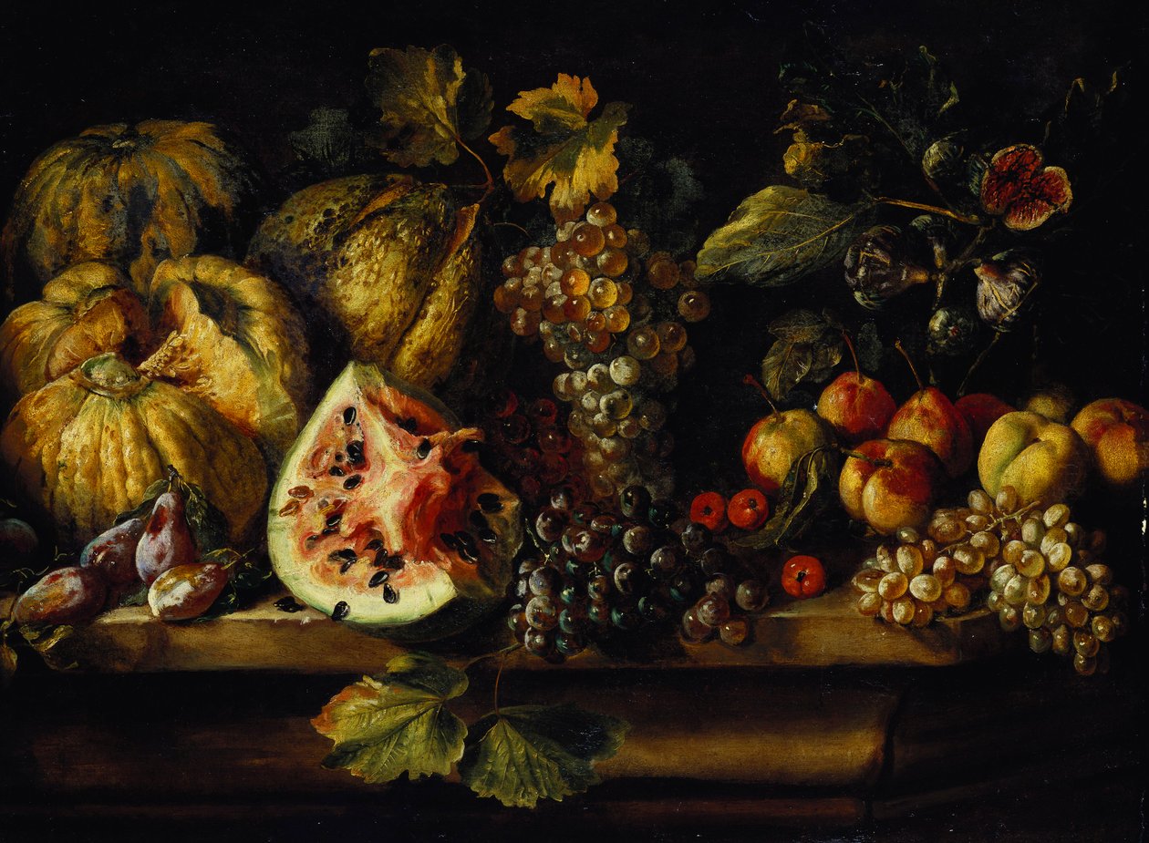 Vesimelonin, viinirypäleiden, luumujen, persikoiden, kirsikoiden ja muiden hedelmien asetelma reunalla tekijältä Abraham Brueghel