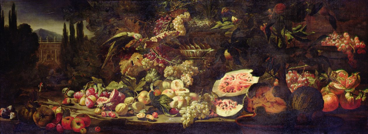 Hedelmien asetelma vihreällä papukaijalla ja hopeamaljakolla tekijältä Abraham Brueghel