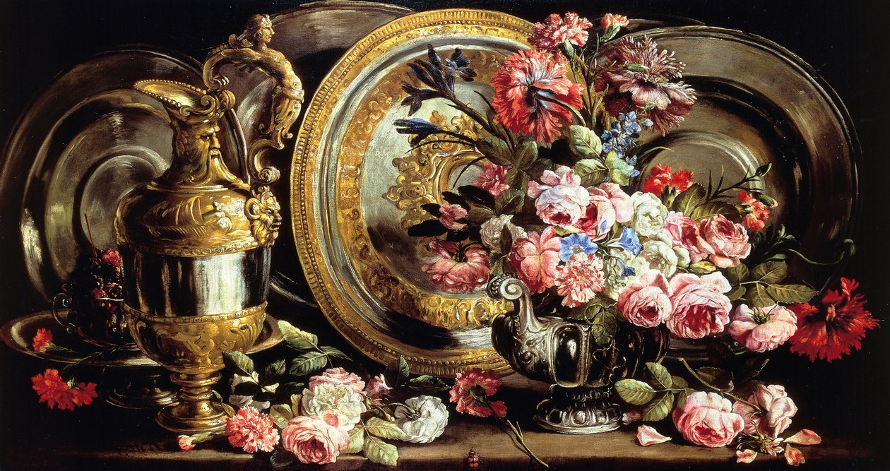 Asetelma hopeaa ja kukkia, Abraham Brueghel (1631-1697), öljy paneelille tekijältä Abraham Brueghel